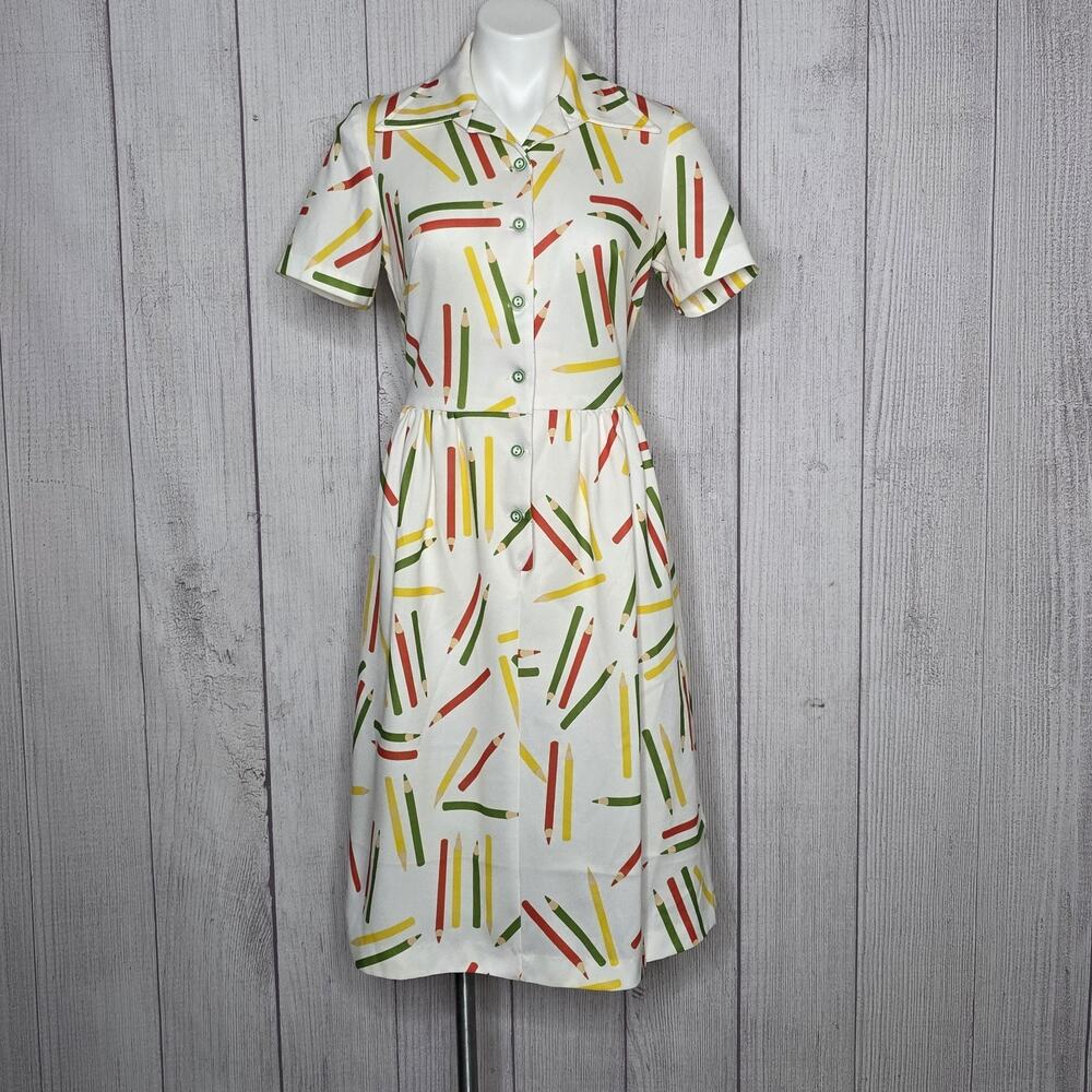 Vtg 70s Asheboro Pencil Print Novelty Dress Teacher Art School Retro